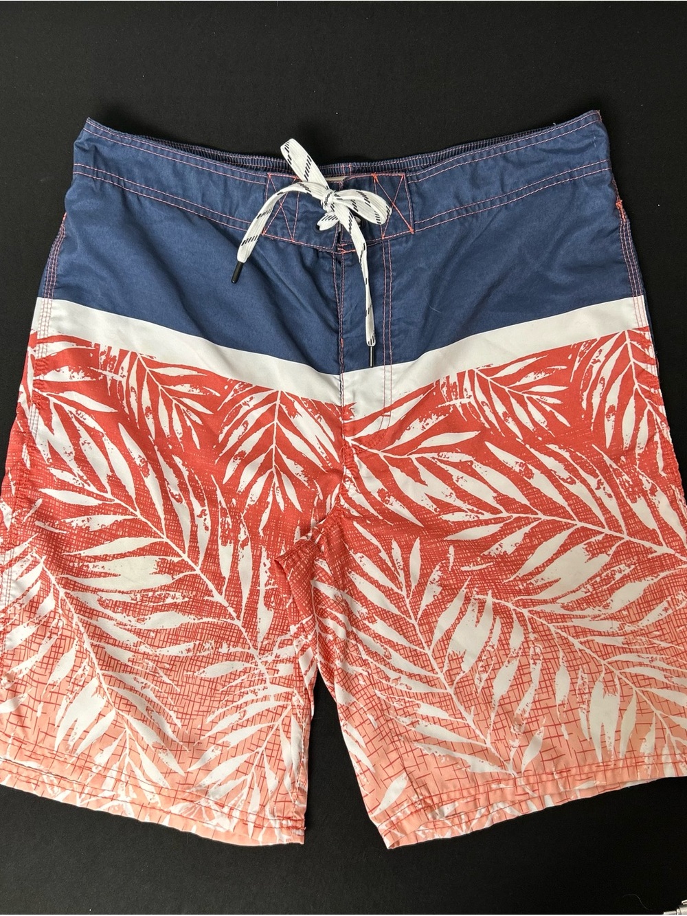 OP Men's Ocean Pacific Blue and Coral Leaf-Print Swim Trunks